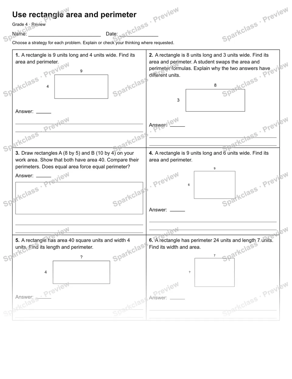 Use rectangle area and perimeter — Review — Grade 4 worksheet preview