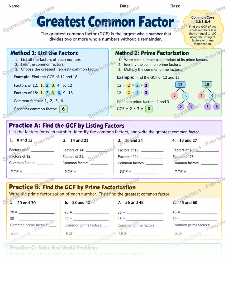 Gcf — Grade 6 worksheet preview