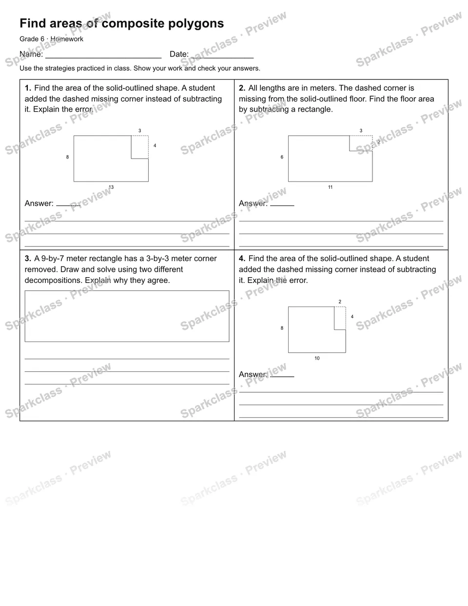 Find areas of composite polygons — Homework — Grade 6 worksheet preview