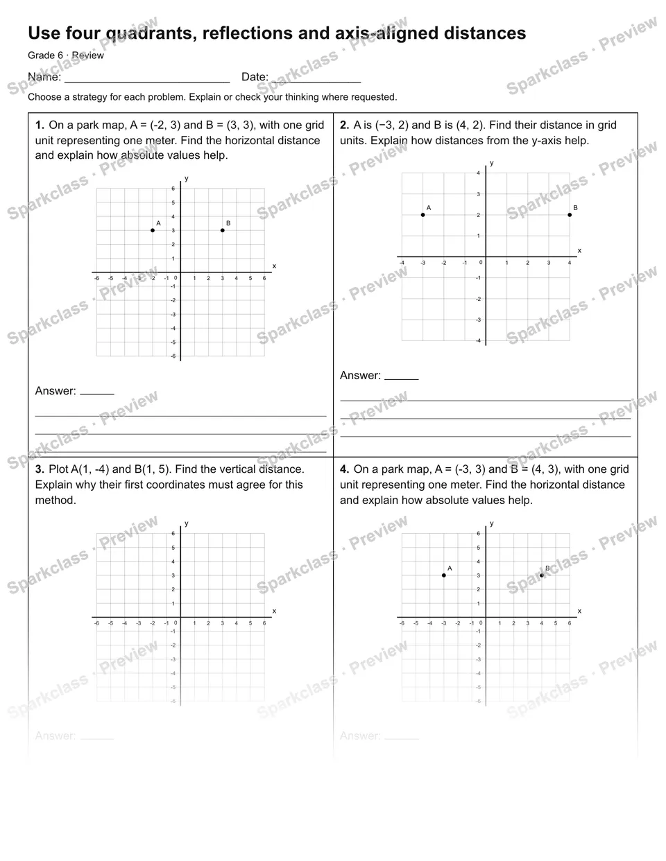 Use four quadrants, reflections and axis-aligned distances — Review — Grade 6 worksheet preview