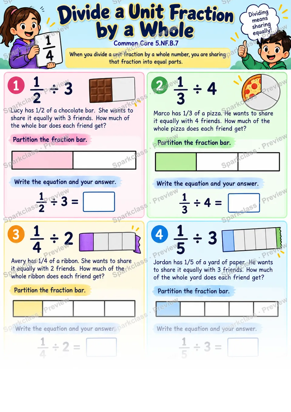 Divide a Unit Fraction by a Whole Number — Grade 5 worksheet preview