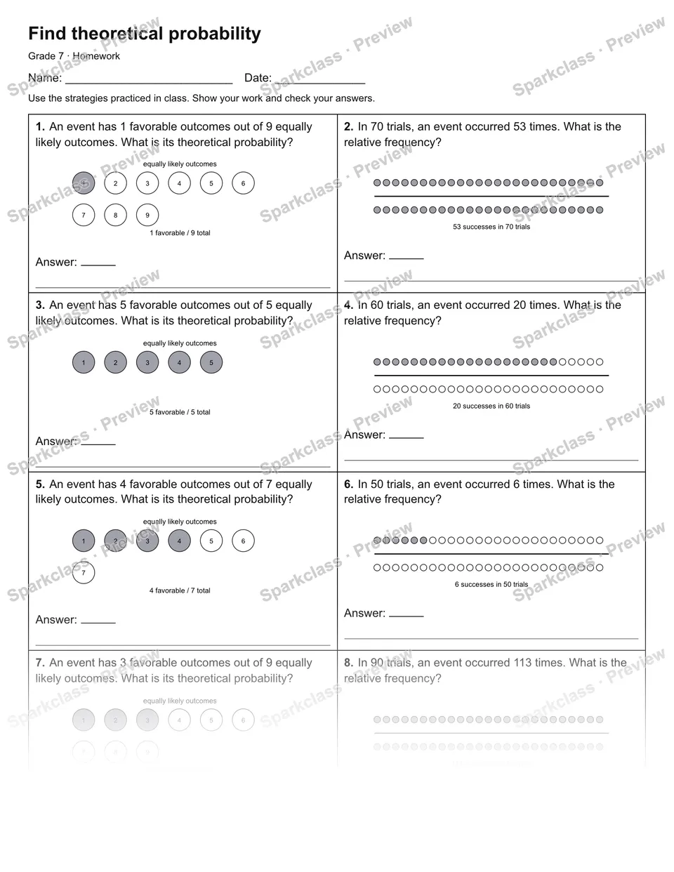 Find theoretical probability — Homework — Grade 7 worksheet preview