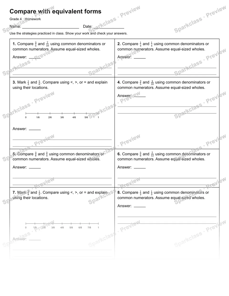 Compare with equivalent forms — Homework — Grade 4 worksheet preview