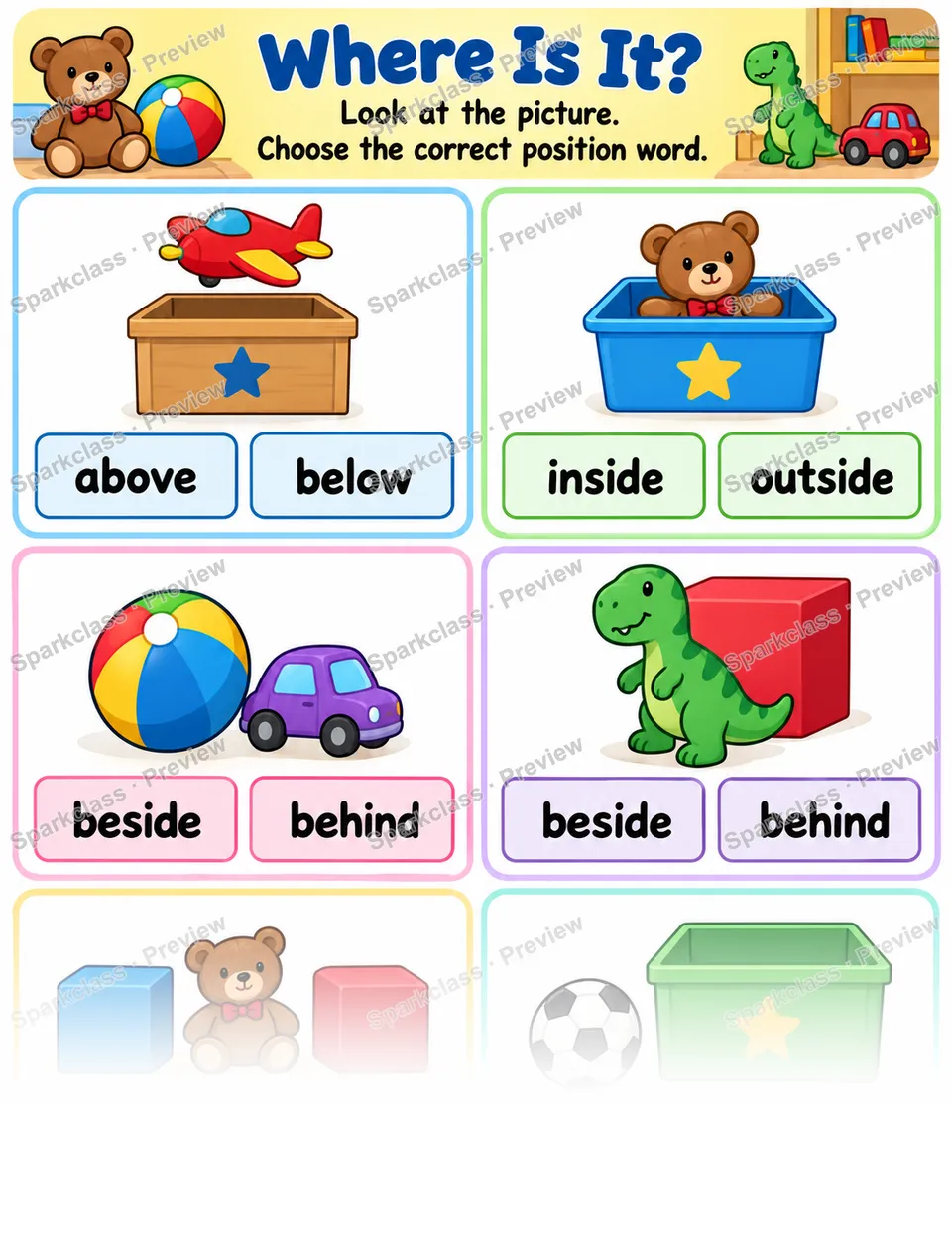 Basic Where Is It? · Position Words — Kindergarten worksheet preview