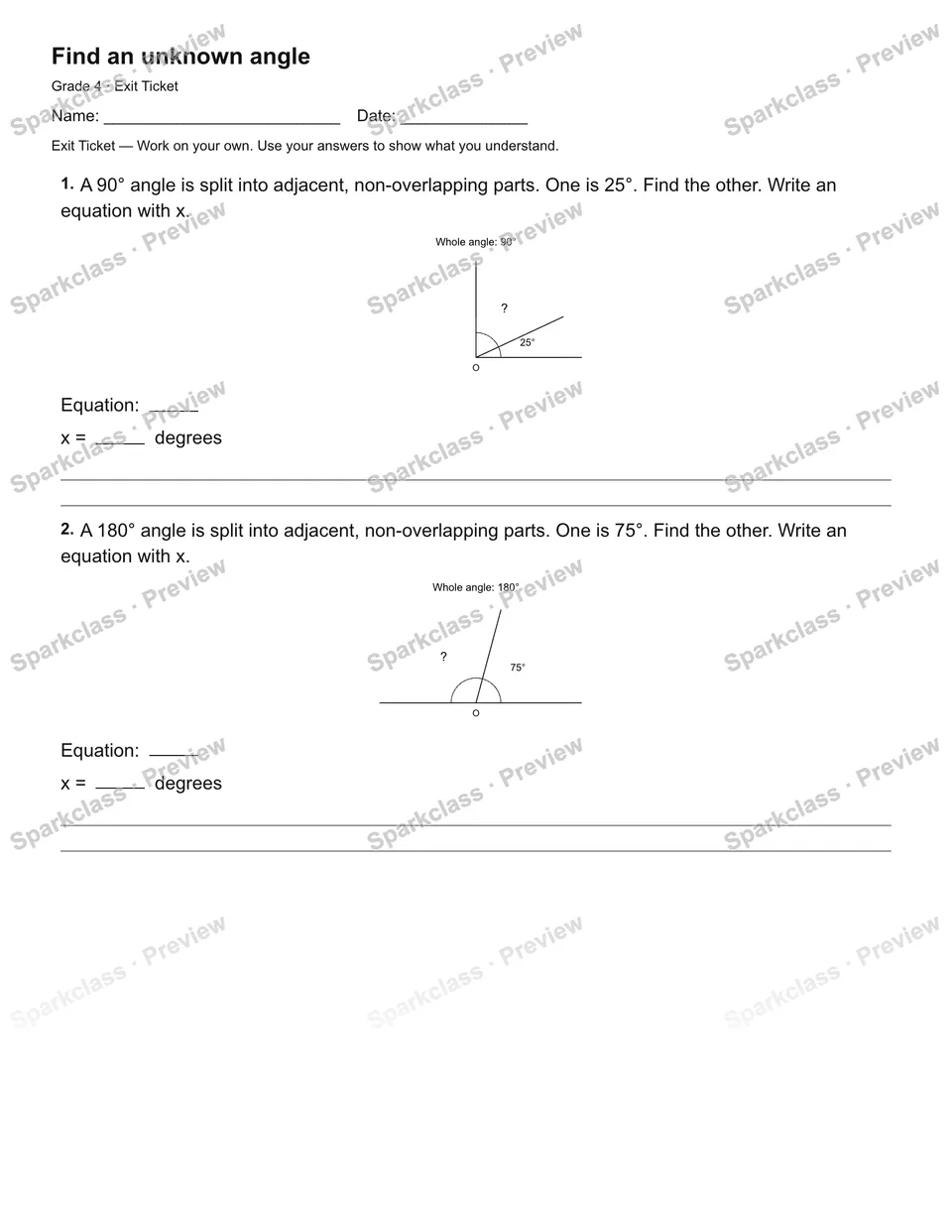 Find an unknown angle — Exit Ticket — Grade 4 worksheet preview