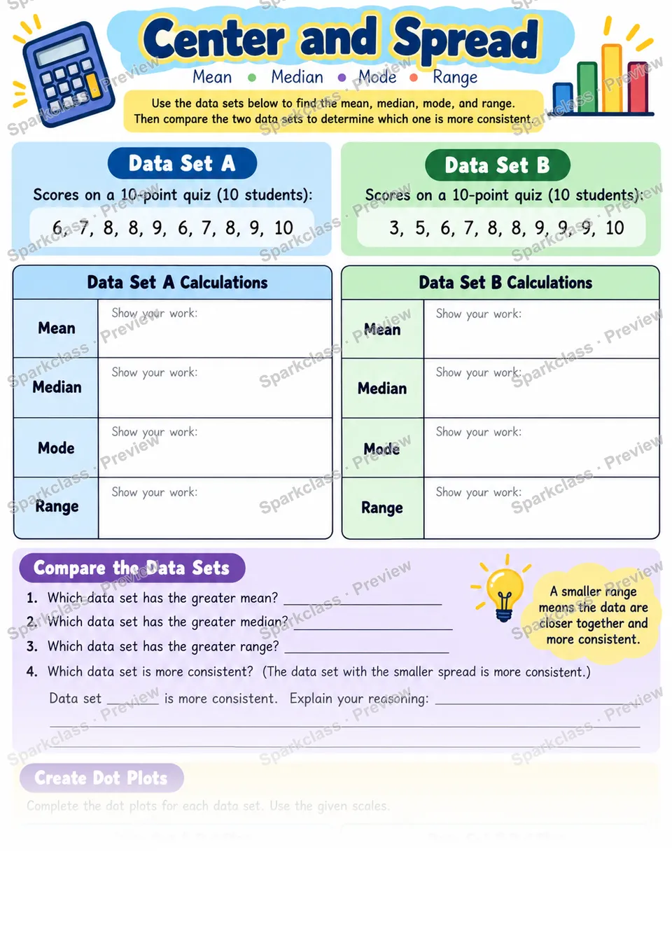 Center and Spread — Grade 6 worksheet preview