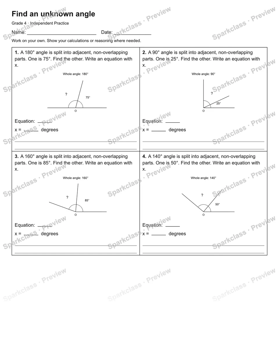 Find an unknown angle — Independent Practice — Grade 4 worksheet preview