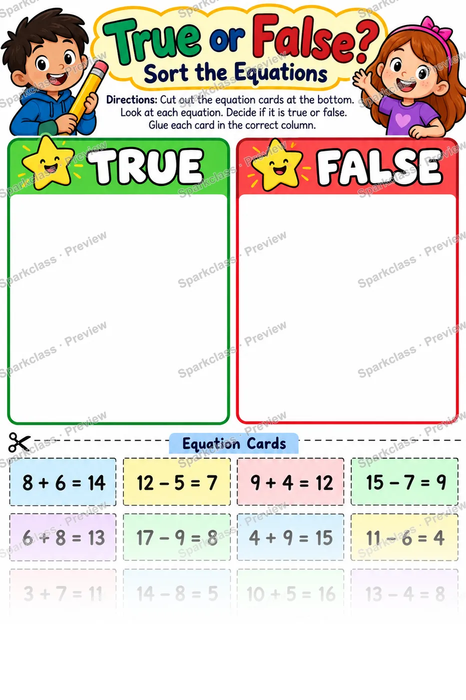 Equation Sort — Grade 1 worksheet preview