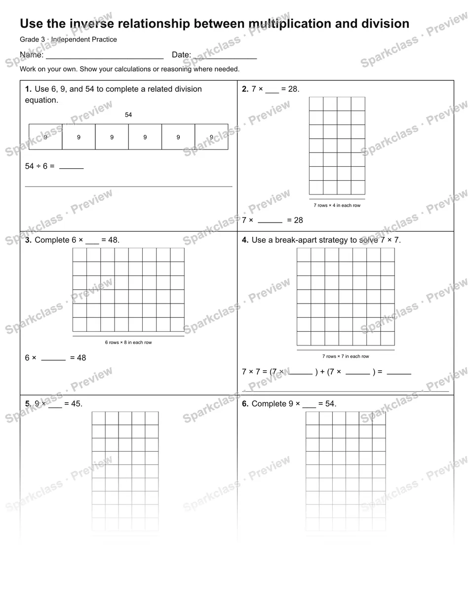 Use the inverse relationship between multiplication and division — Independent Practice — Grade 3 worksheet preview