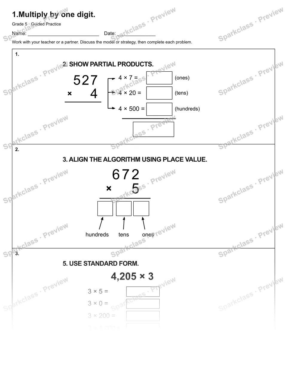 1.Multiply by one digit. — Guided Practice — Grade 5 worksheet preview