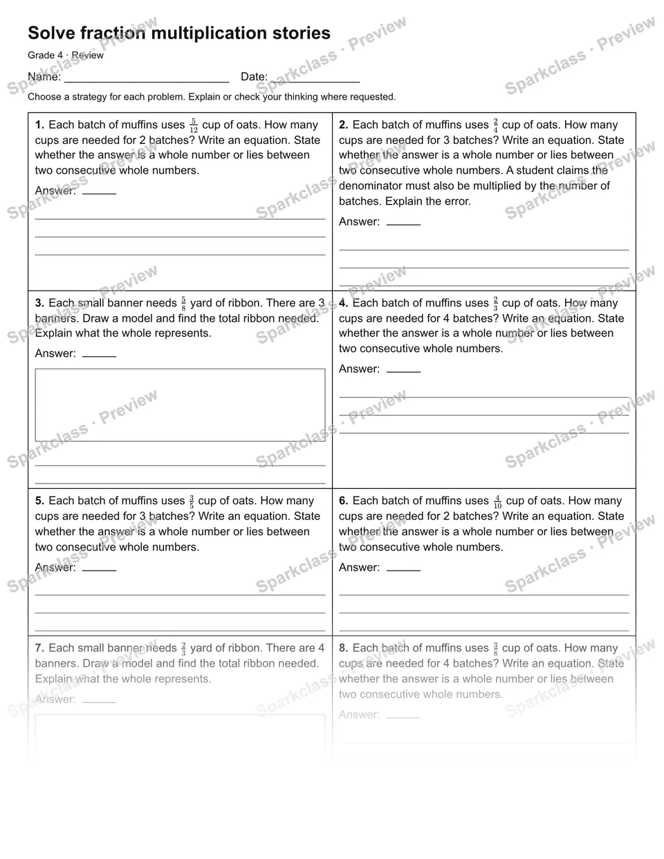 Solve fraction multiplication stories — Review — Grade 4 worksheet preview