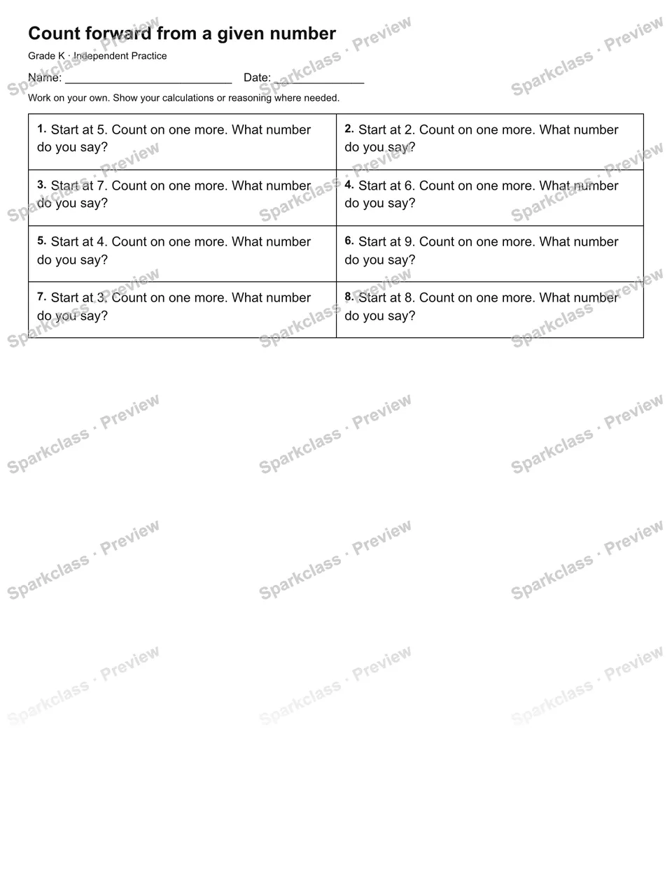 Count forward from a given number — Independent Practice — Kindergarten worksheet preview