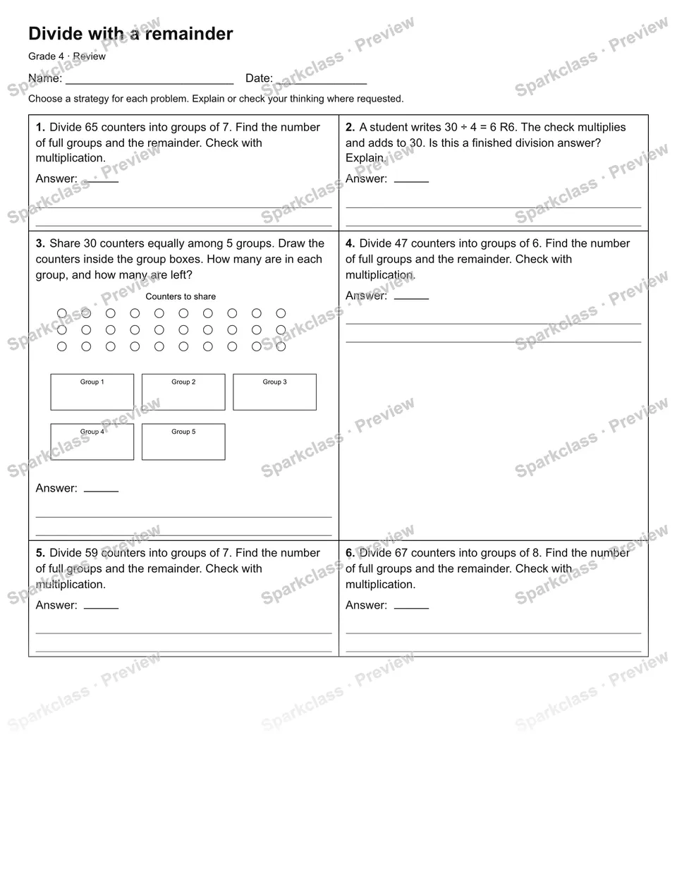 Divide with a remainder — Review — Grade 4 worksheet preview