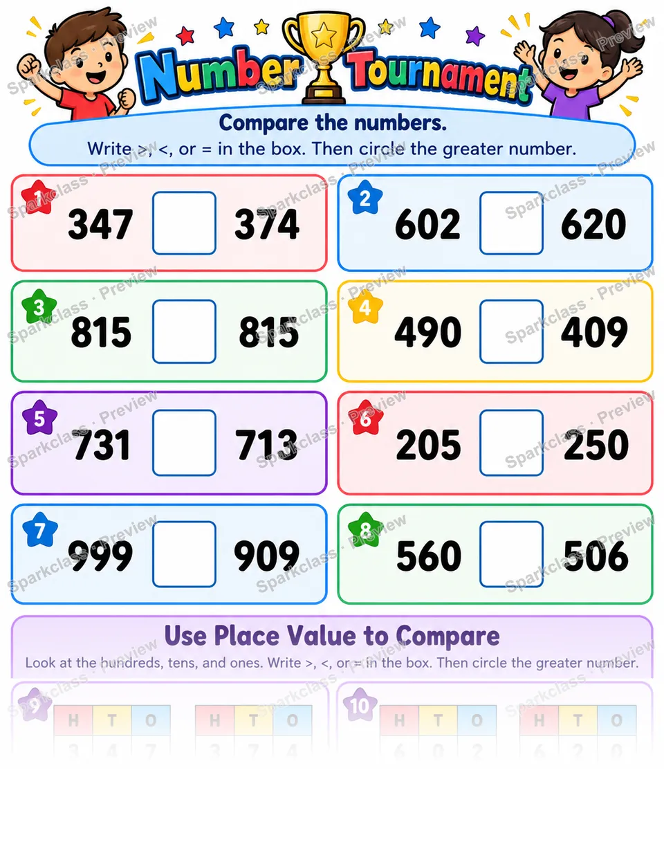 Number Tournament · Compare Three-Digit Numbers — Grade 2 worksheet preview