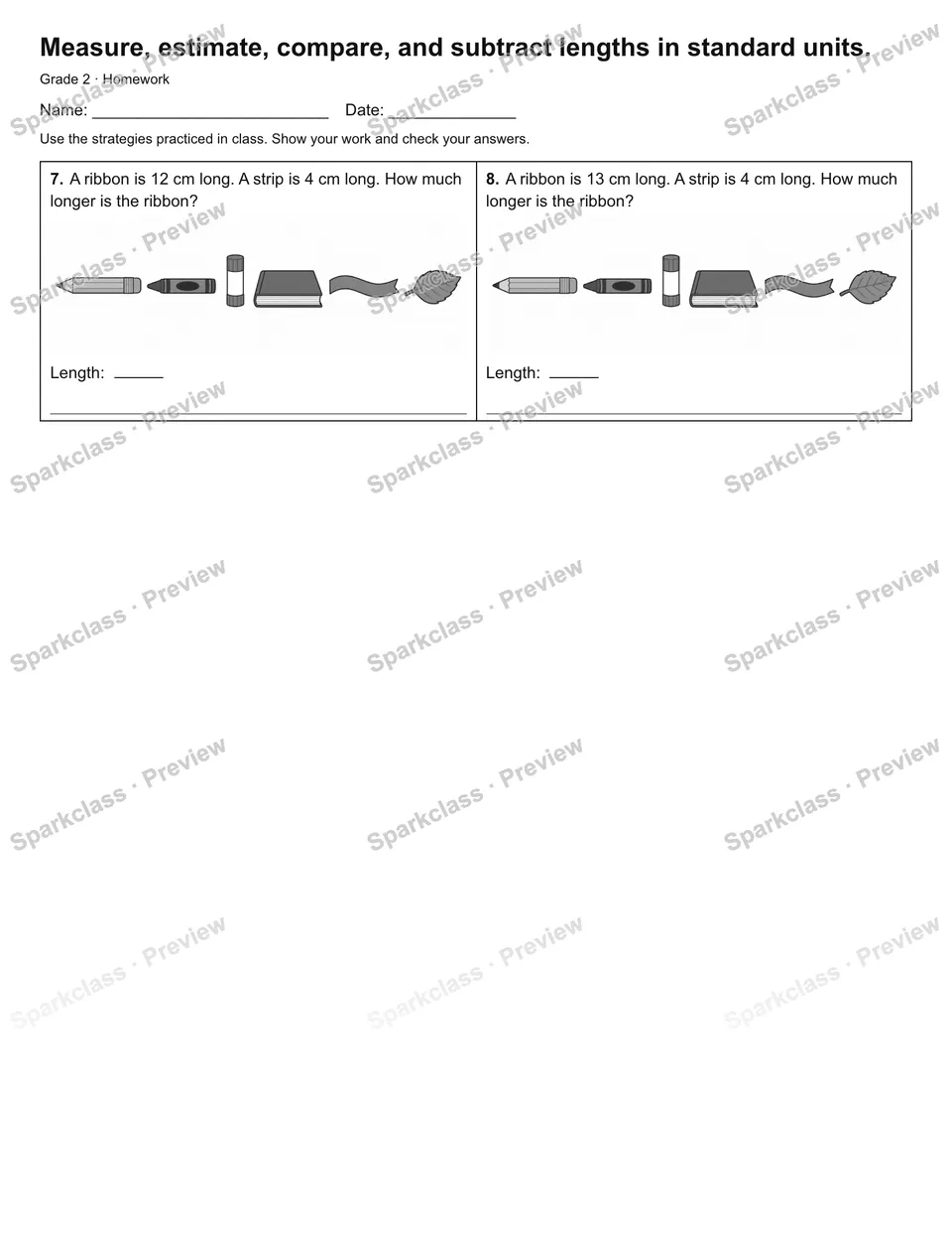 Measure, estimate, compare, and subtract lengths in standard units. — Homework — page 2