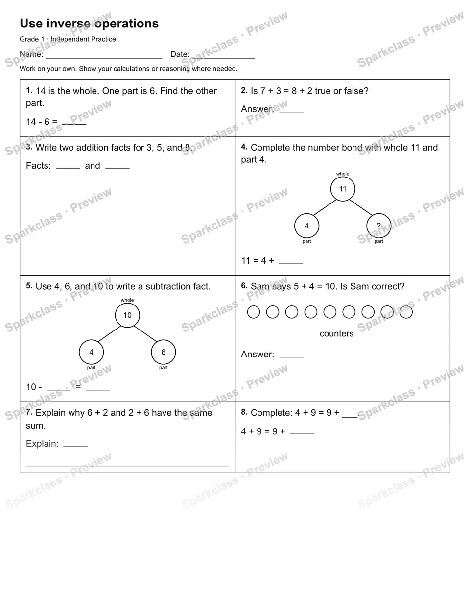 Use inverse operations — Independent Practice — Grade 1 worksheet preview