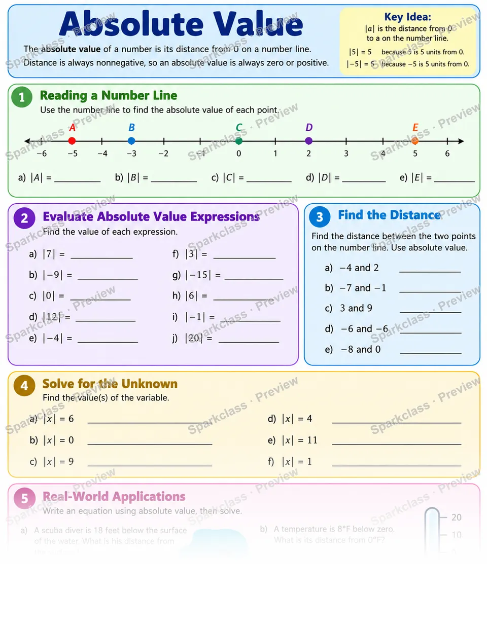 Absolute Value — Grade 6 worksheet preview