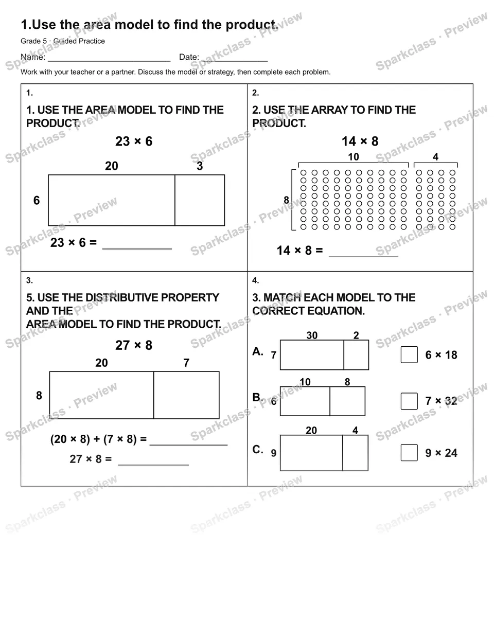 1.Use the area model to find the product. — Guided Practice — Grade 5 worksheet preview