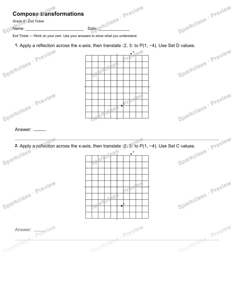 Compose transformations — Exit Ticket — Grade 8 worksheet preview