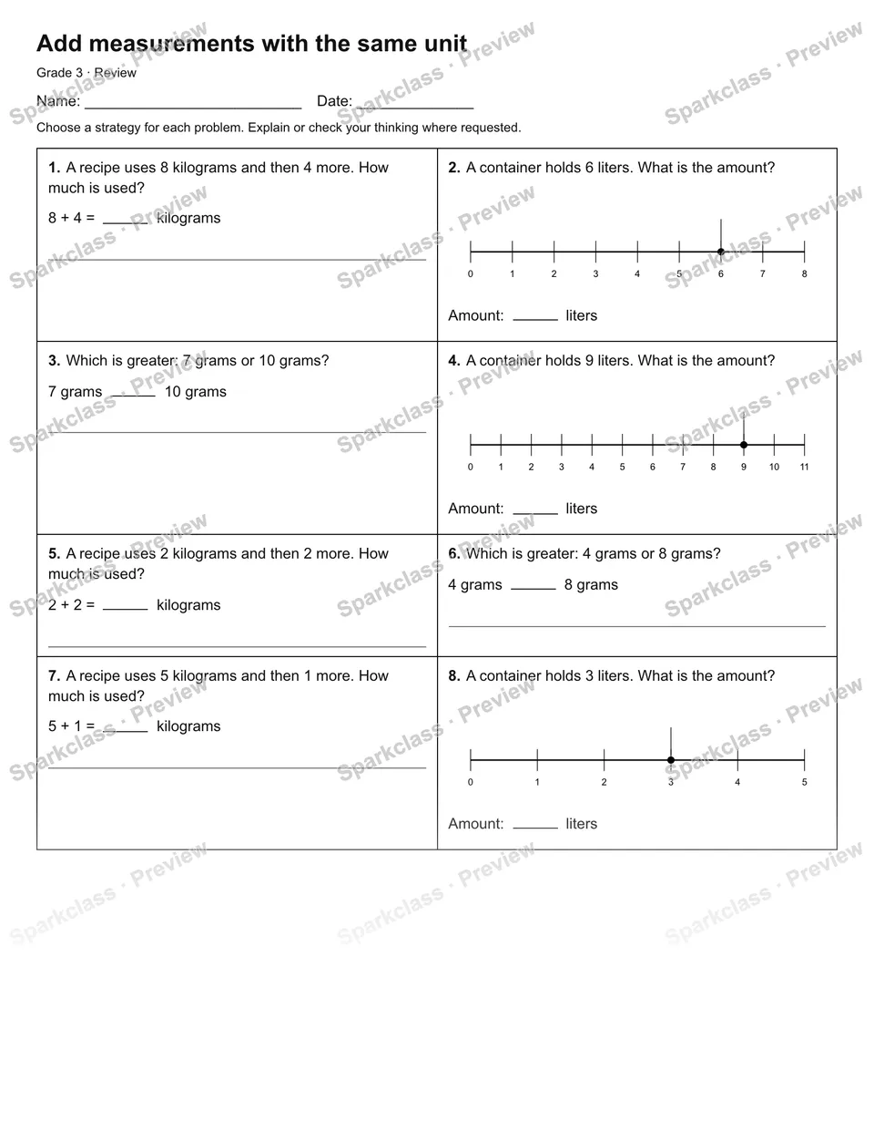 Add measurements with the same unit — Review — Grade 3 worksheet preview