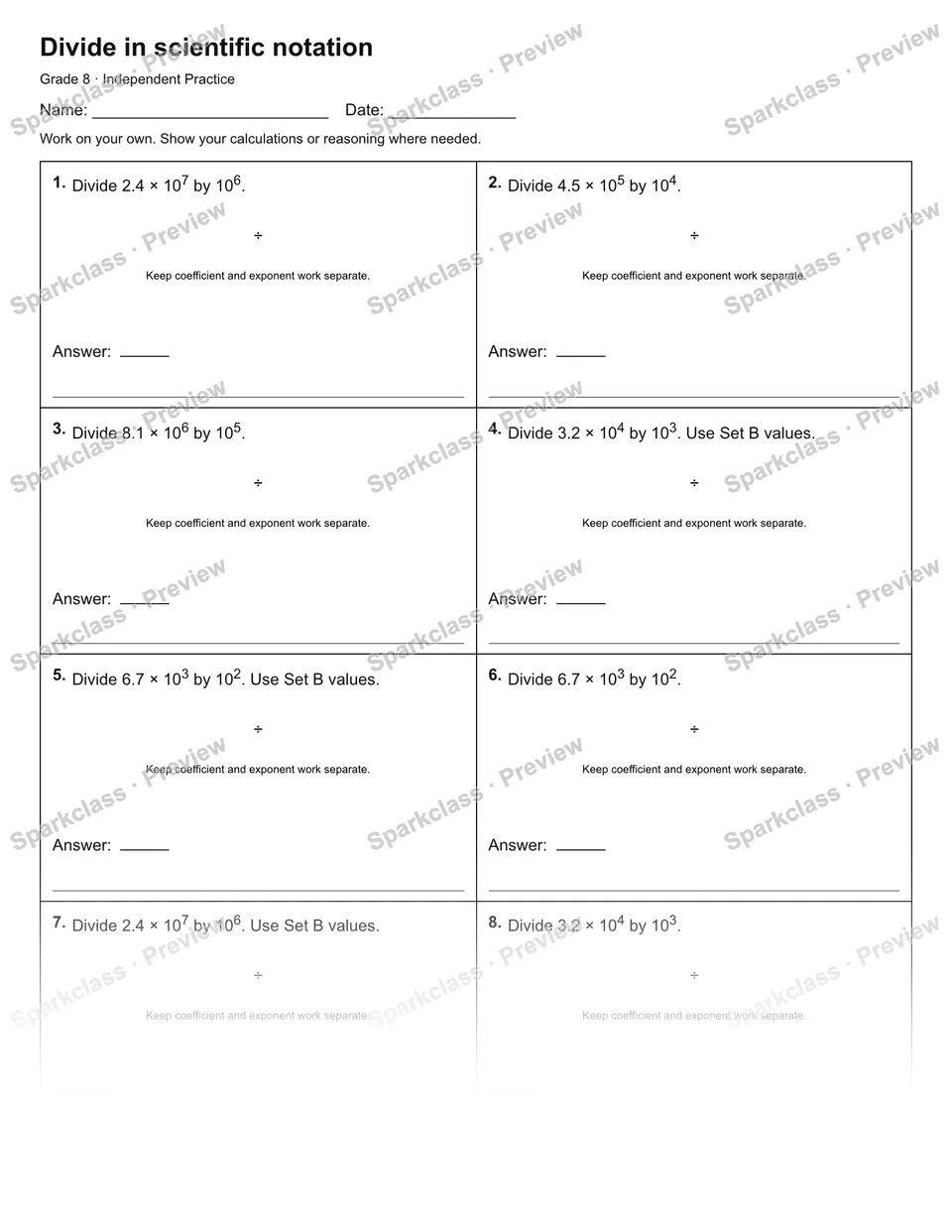Divide in scientific notation — Independent Practice — Grade 8 worksheet preview