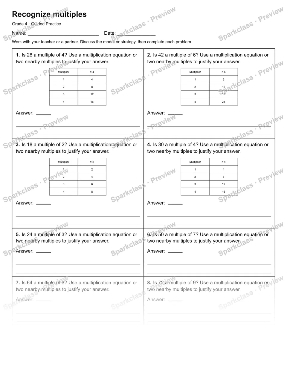 Recognize multiples — Guided Practice — Grade 4 worksheet preview