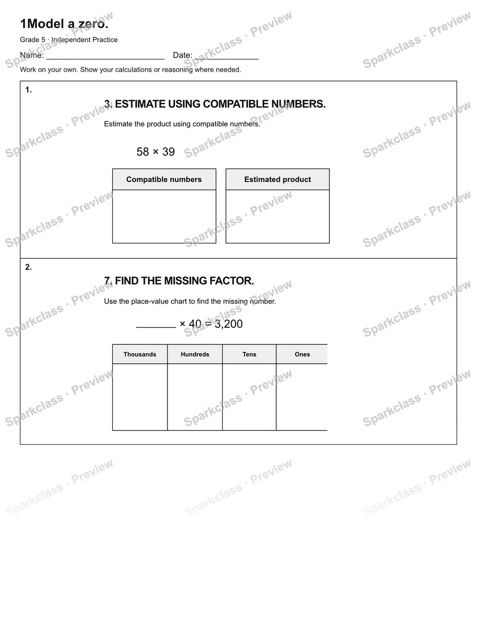 1Model a zero. — Independent Practice — Grade 5 worksheet preview