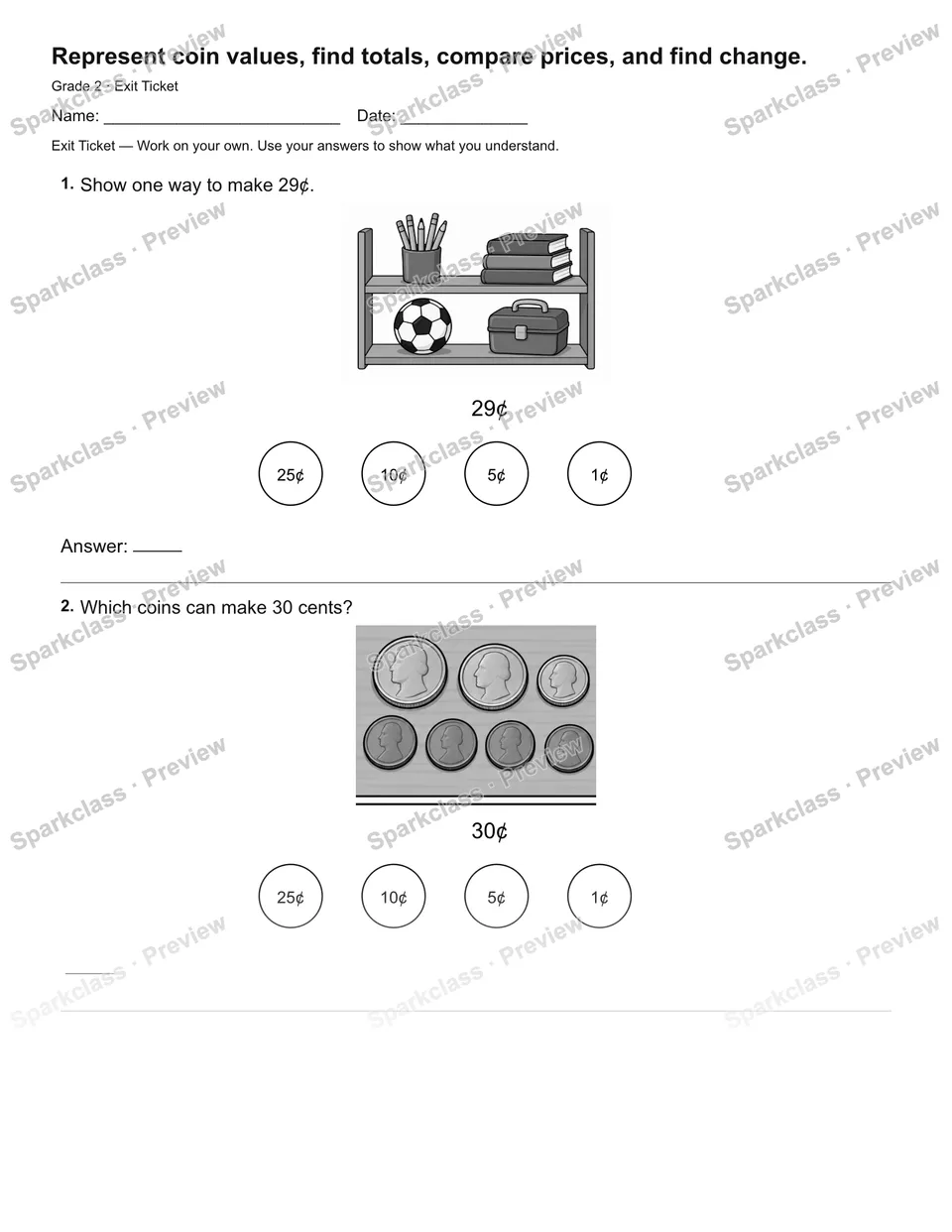 Represent coin values, find totals, compare prices, and find change. — Exit Ticket — Grade 2 worksheet preview