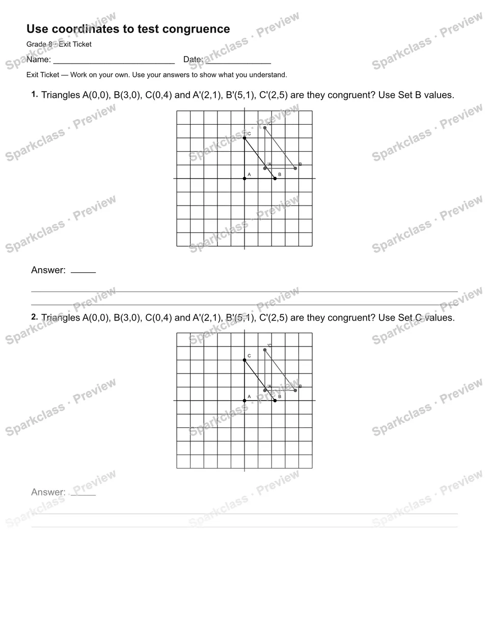 Use coordinates to test congruence — Exit Ticket — page 2