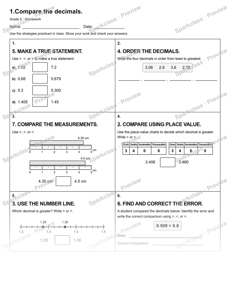 1.Compare the decimals. — Homework — Grade 5 worksheet preview