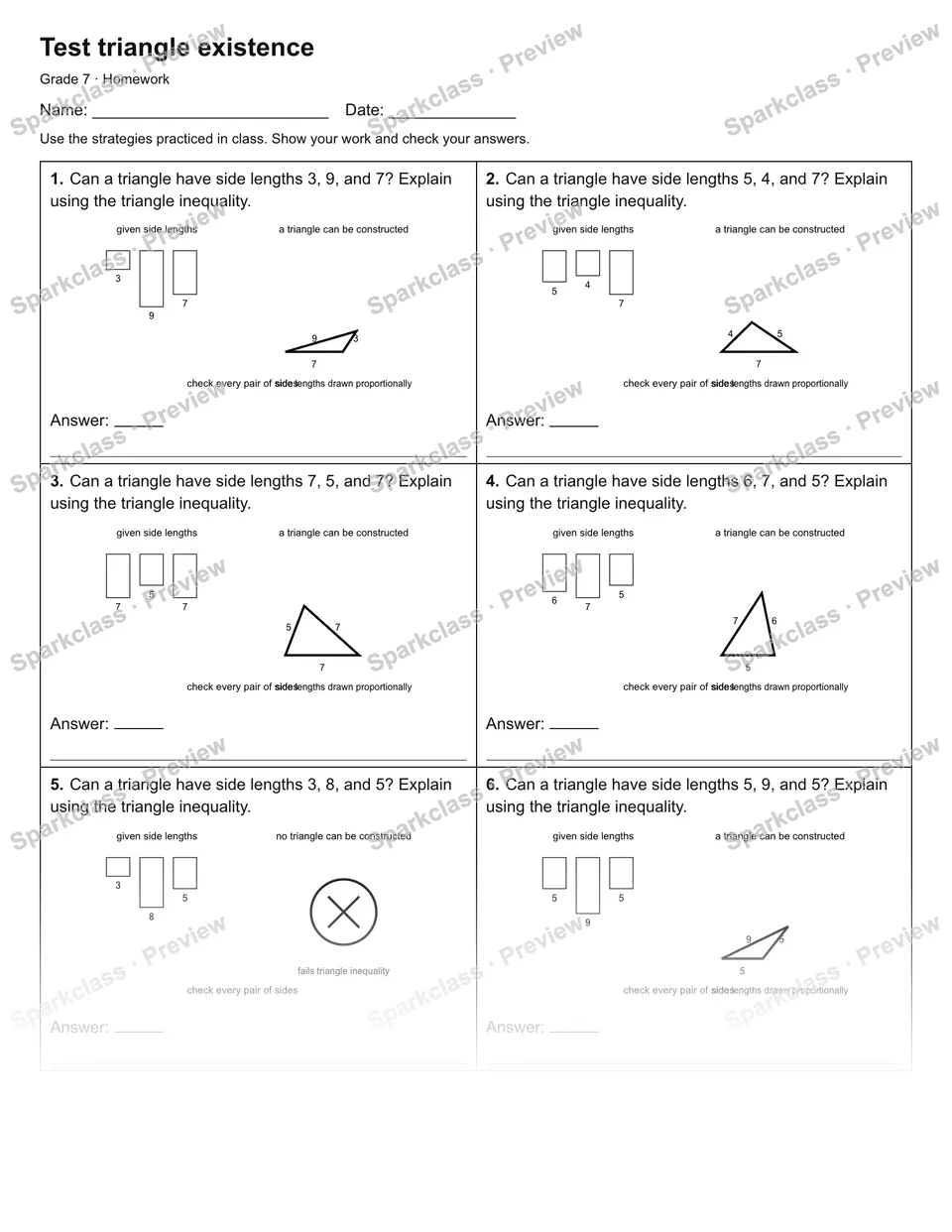 Test triangle existence — Homework — Grade 7 worksheet preview