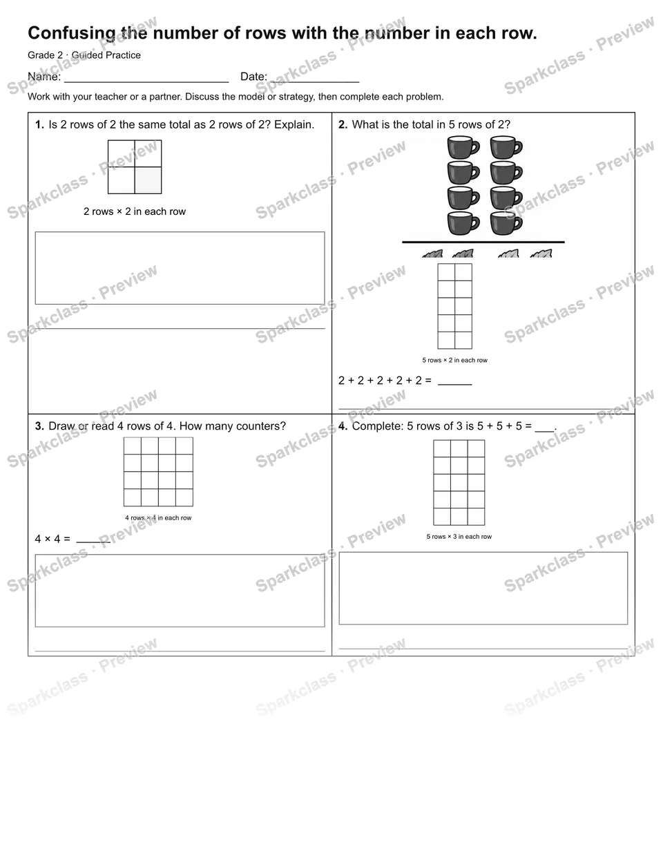 Confusing the number of rows with the number in each row. — Guided Practice — Grade 2 worksheet preview