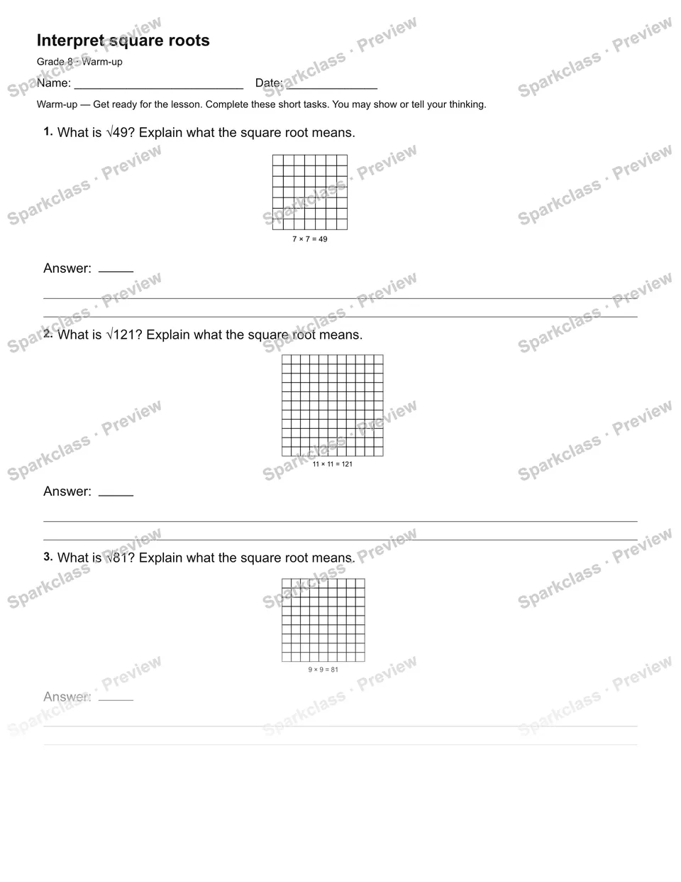 Interpret square roots — Warm-up — Grade 8 worksheet preview