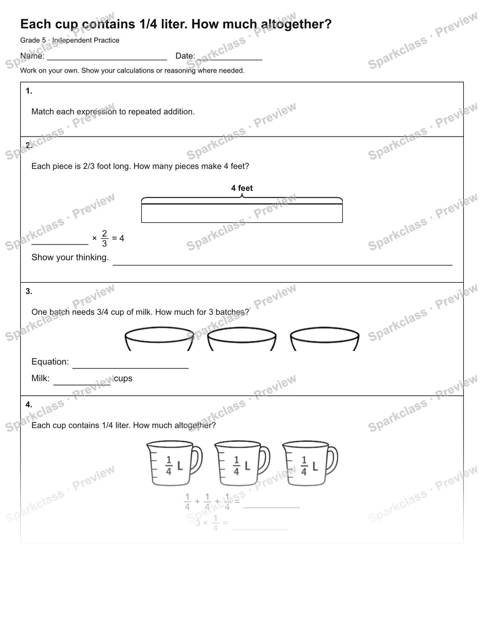 Each cup contains 1/4 liter. How much altogether? — Independent Practice — Grade 5 worksheet preview
