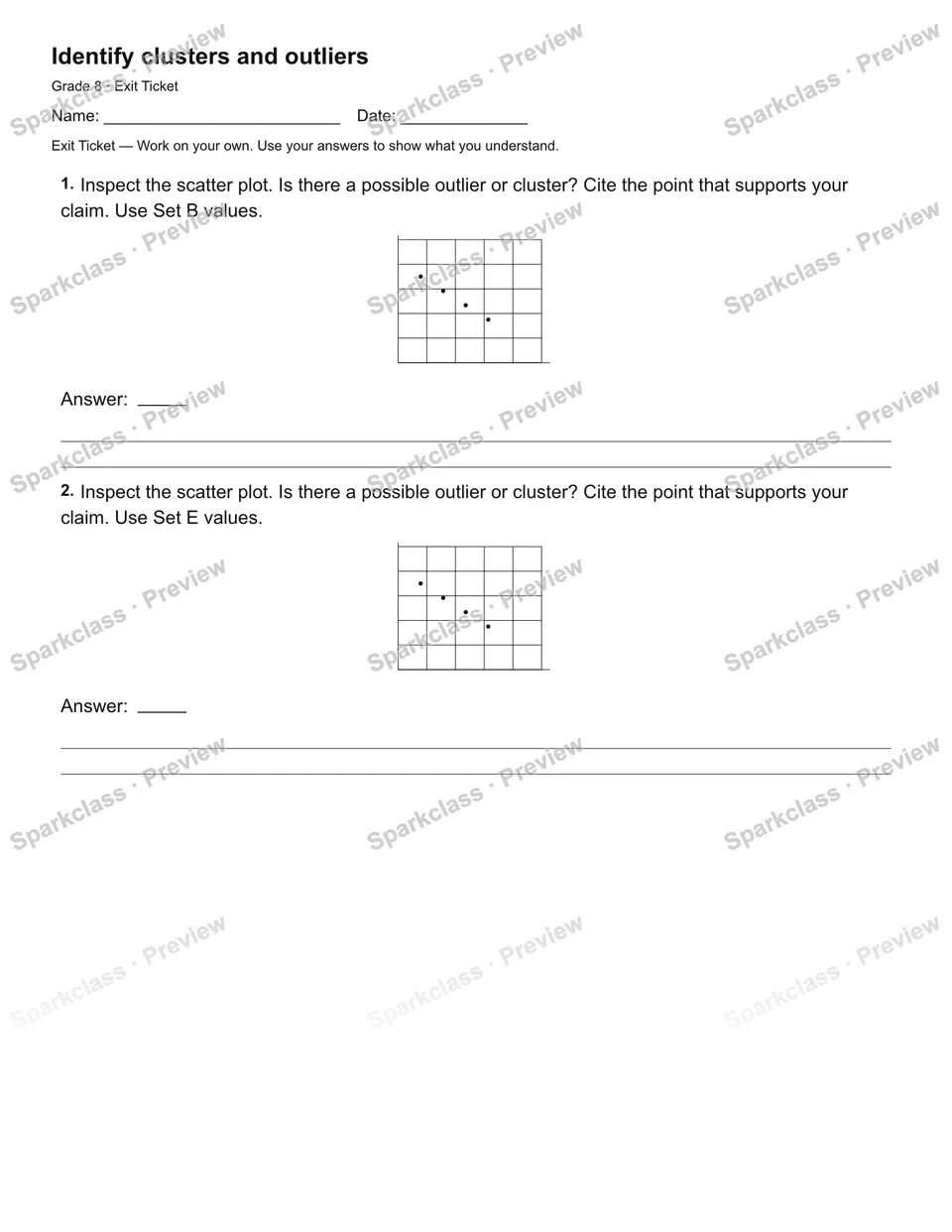 Identify clusters and outliers — Exit Ticket — Grade 8 worksheet preview