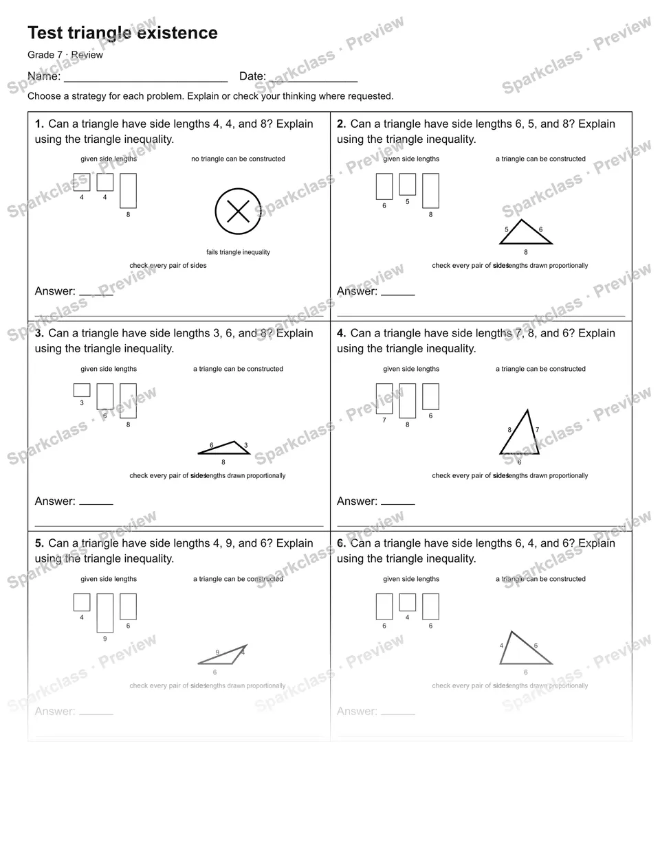 Test triangle existence — Review — Grade 7 worksheet preview