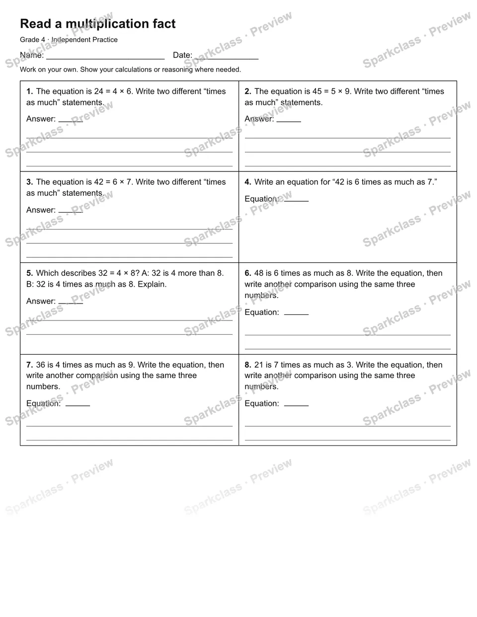 Read a multiplication fact — Independent Practice — Grade 4 worksheet preview