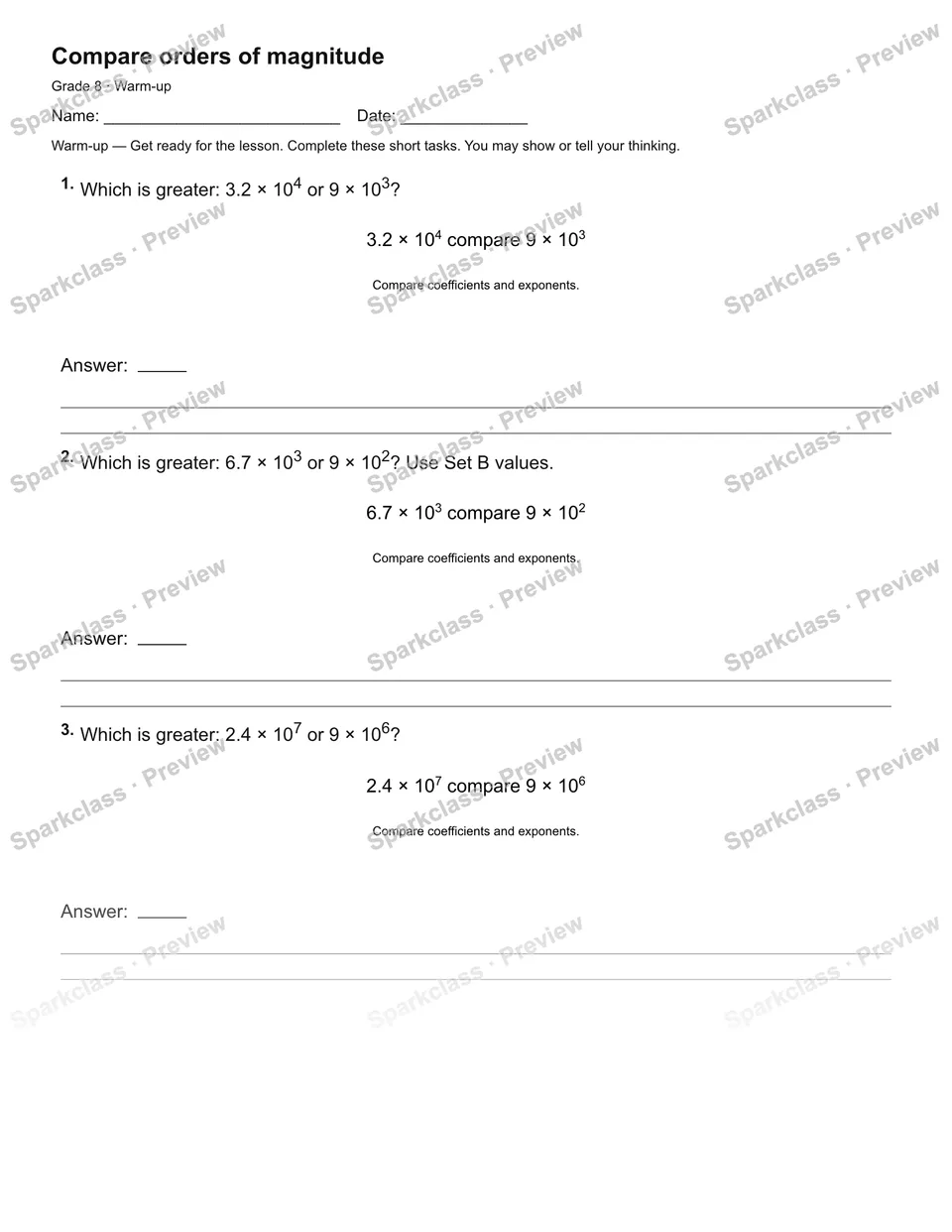Compare orders of magnitude — Warm-up — Grade 8 worksheet preview