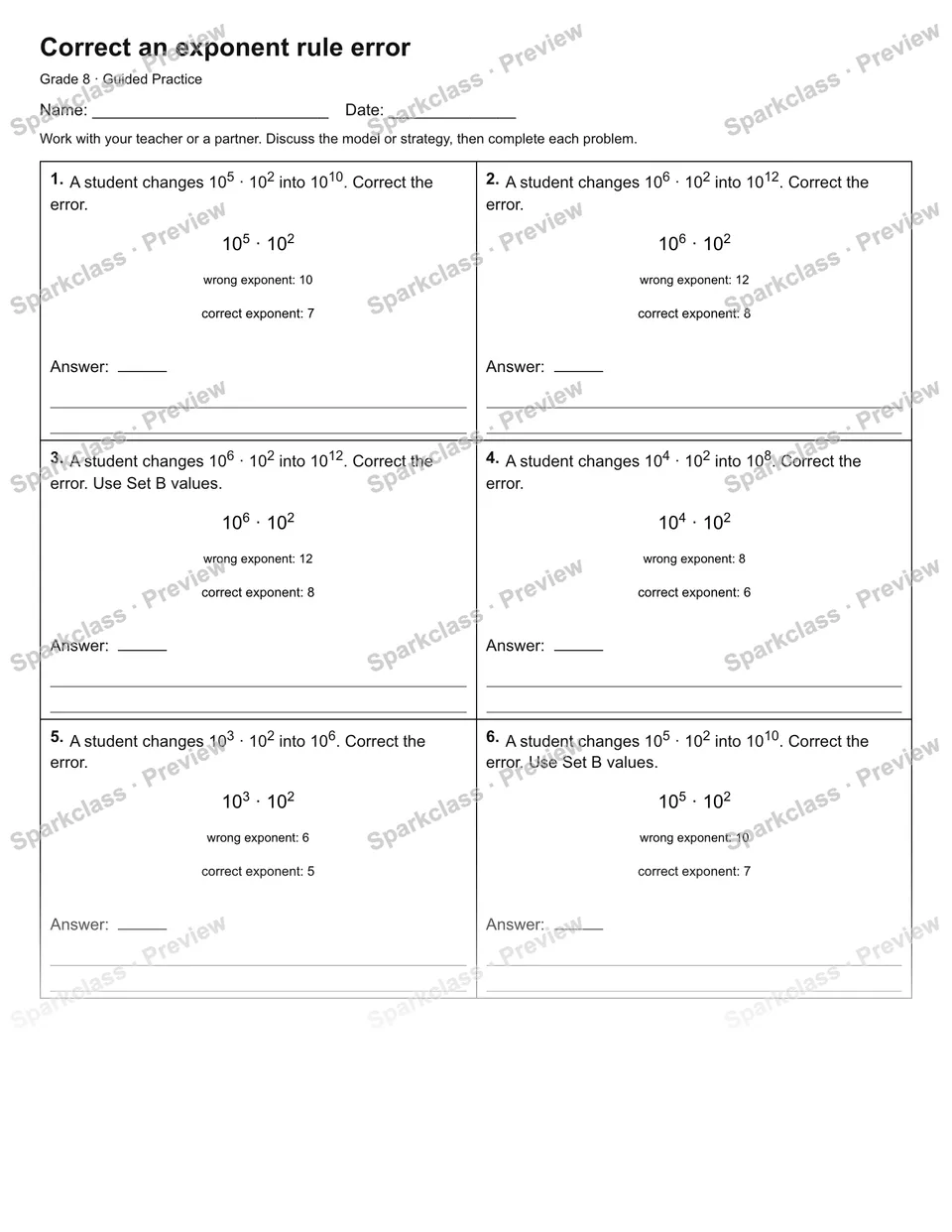 Correct an exponent rule error — Guided Practice — Grade 8 worksheet preview