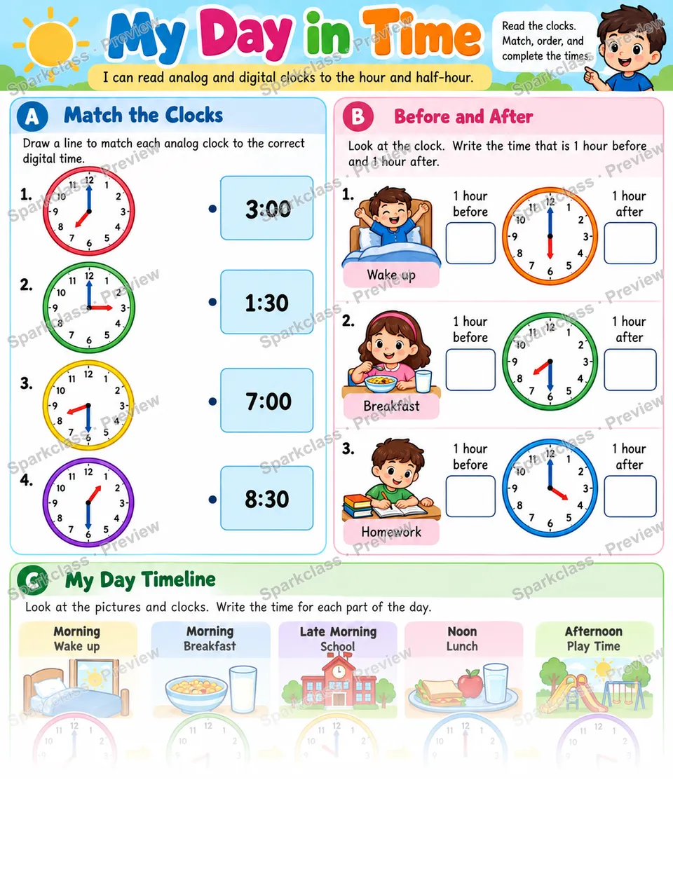 My Day Time Review — Grade 1 worksheet preview
