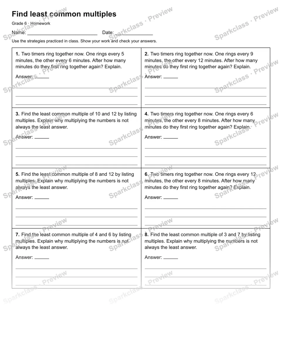 Find least common multiples — Homework — Grade 6 worksheet preview