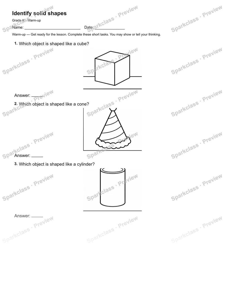 Identify solid shapes — Warm-up — Kindergarten worksheet preview