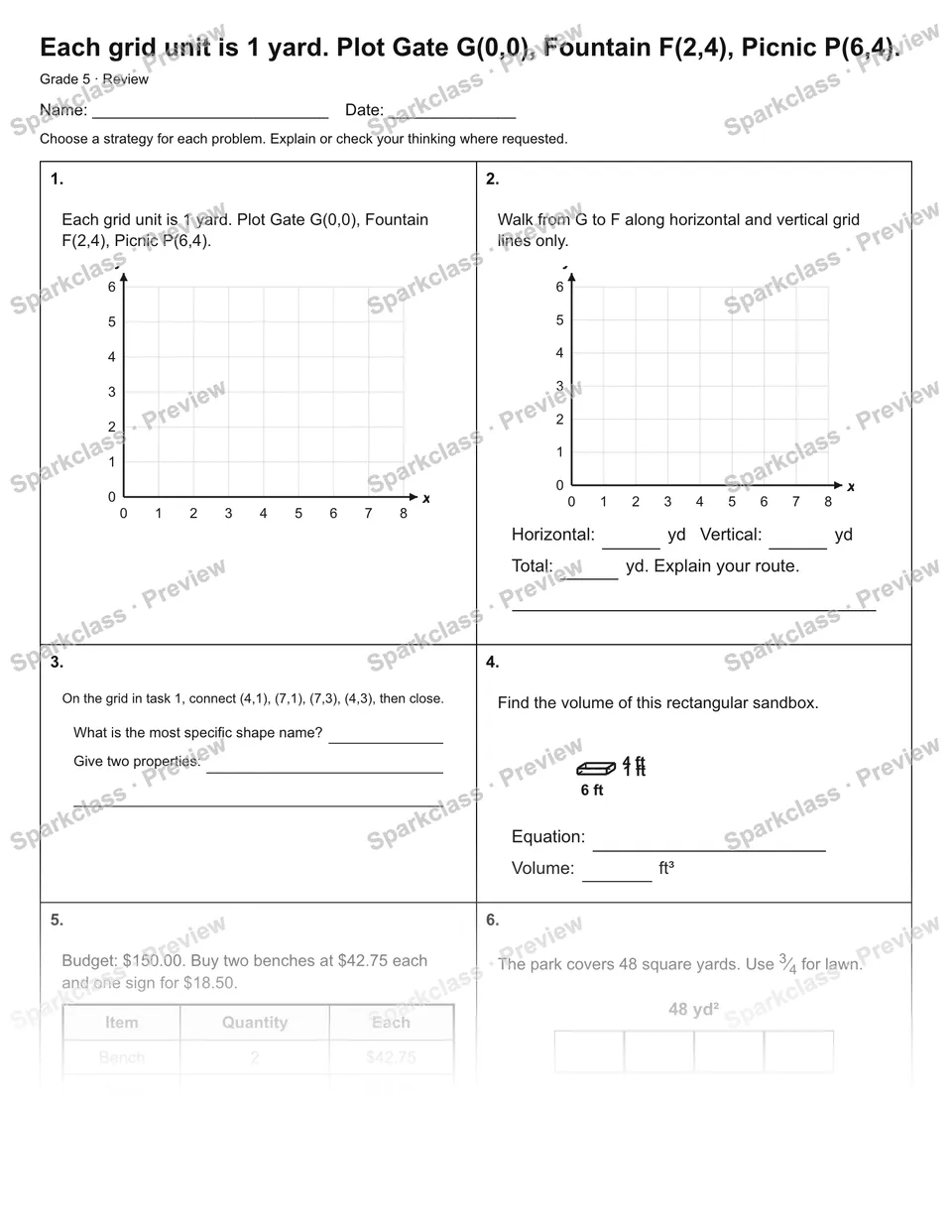 Each grid unit is 1 yard. Plot Gate G(0,0), Fountain F(2,4), Picnic P(6,4). — Review — Grade 5 worksheet preview