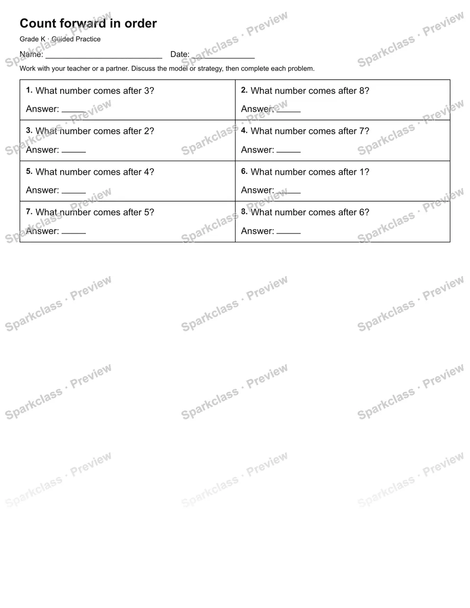 Count forward in order — Guided Practice — Kindergarten worksheet preview