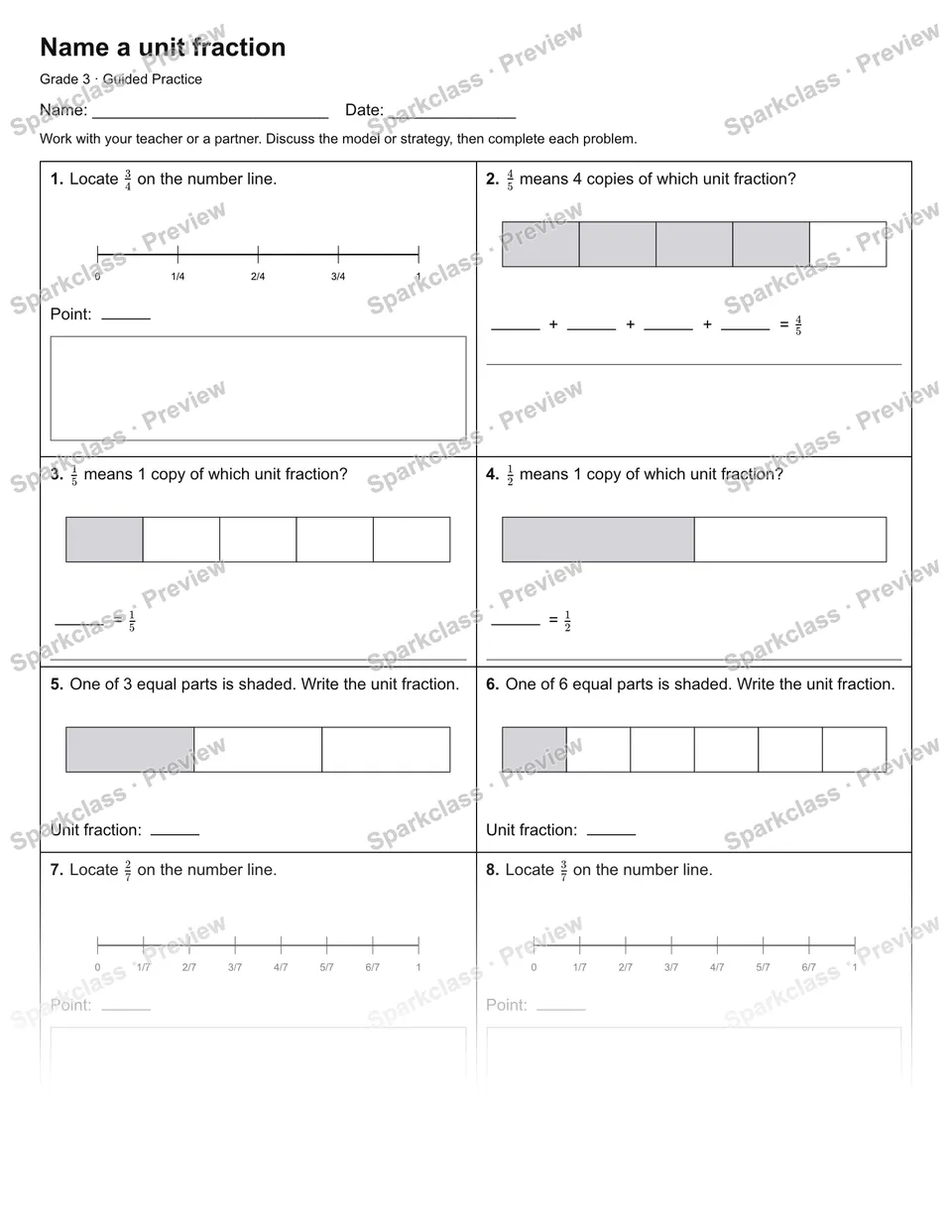 Name a unit fraction — Guided Practice — Grade 3 worksheet preview