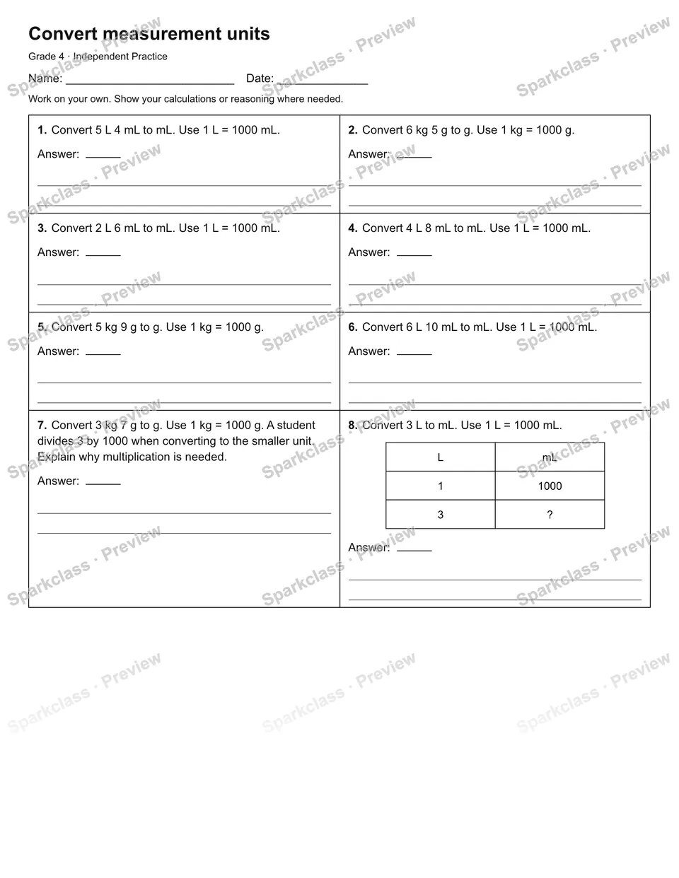 Convert measurement units — Independent Practice — Grade 4 worksheet preview
