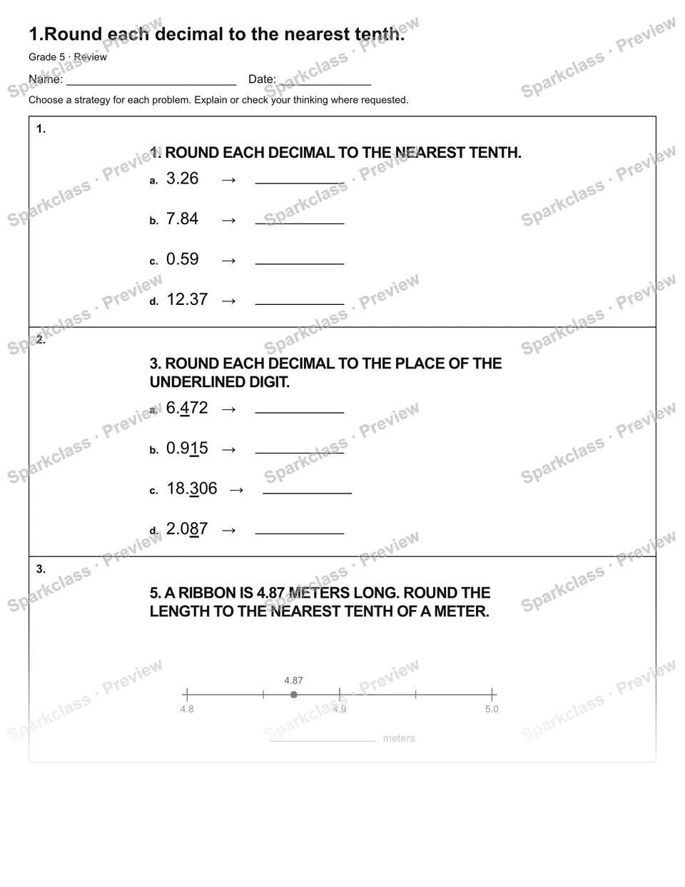 1.Round each decimal to the nearest tenth. — Review — Grade 5 worksheet preview