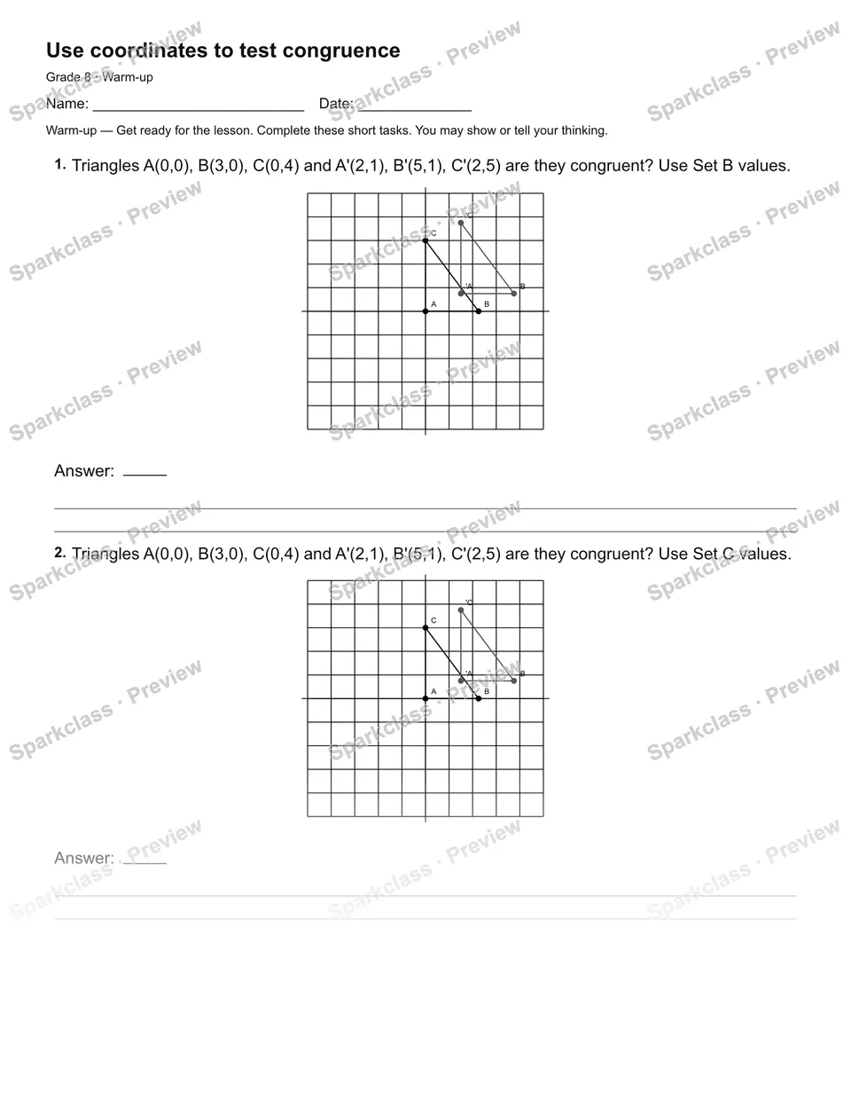 Use coordinates to test congruence — Warm-up — page 2
