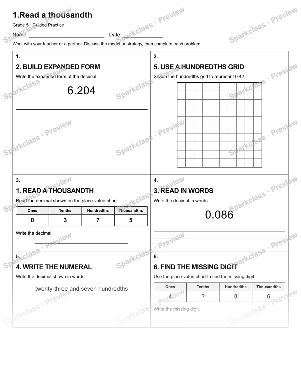 1.Read a thousandth — Guided Practice — Grade 5 worksheet preview