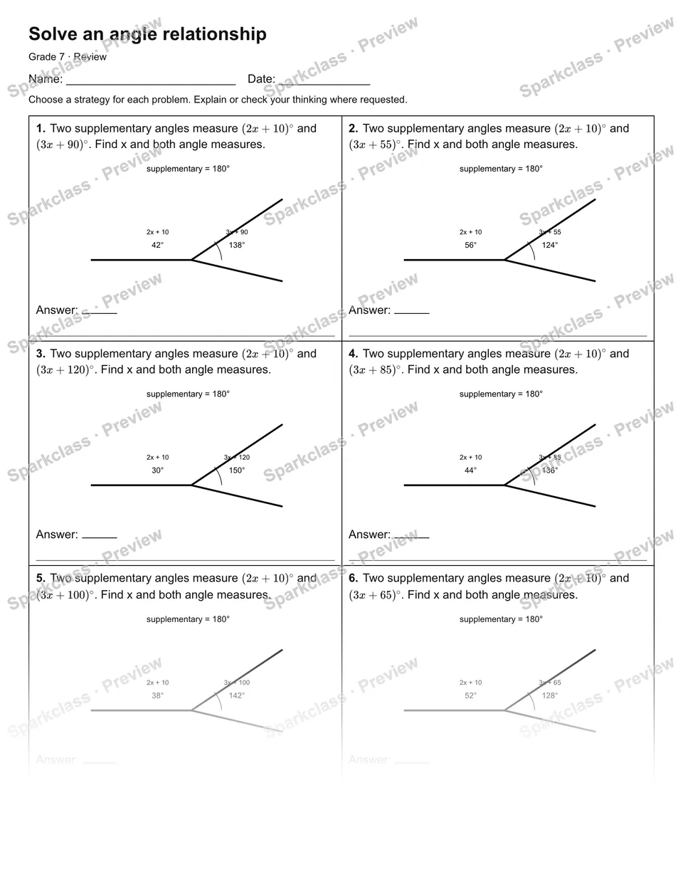 Solve an angle relationship — Review — Grade 7 worksheet preview
